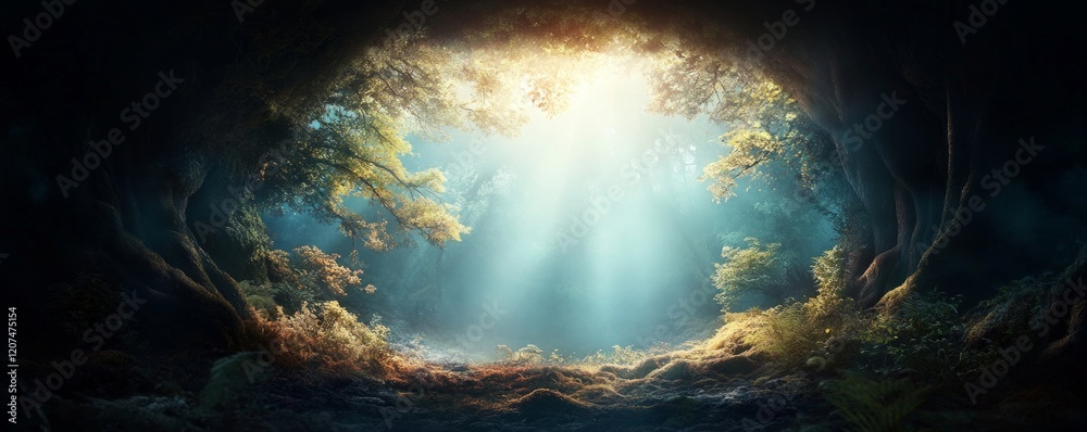 A serene forest scene illuminated by radiant sunlight. A serene forest scene illuminated by radiant sunlight.