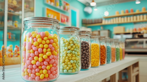 Wallpaper Mural Sweet factory, A vibrant, high-fidelity image showcasing a sweet factory producing colorful jellybeans in a playful and dynamic setting. Torontodigital.ca