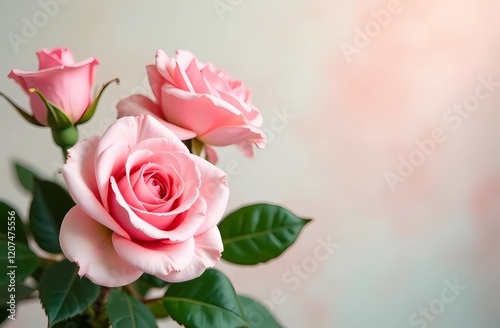 Pink roses, green leaves, pastel background
Postcard design for Valentine's Day and Women's Day