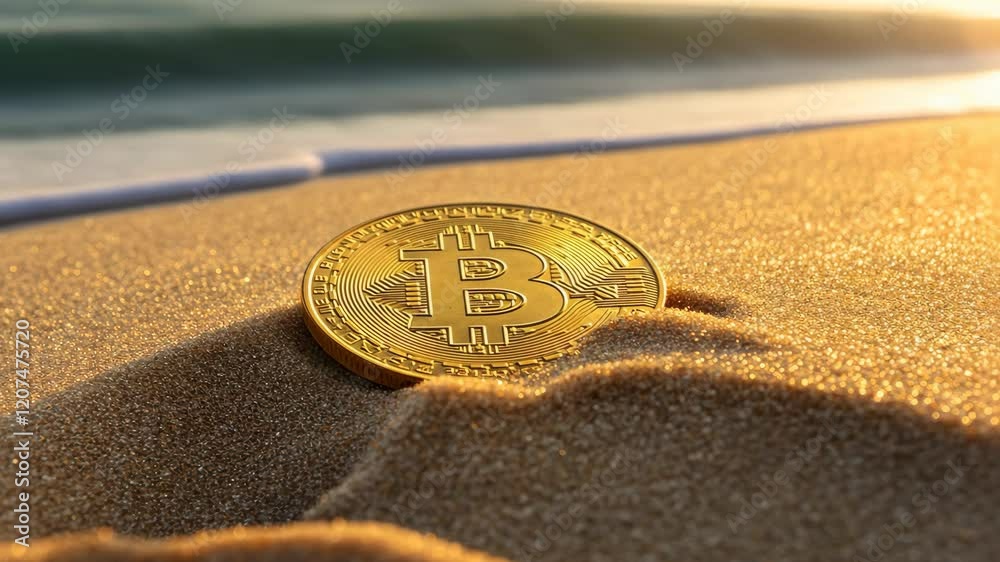 Golden cryptocurrency coin partially buried in sand on a beach during sunset, symbolizing wealth and digital currency