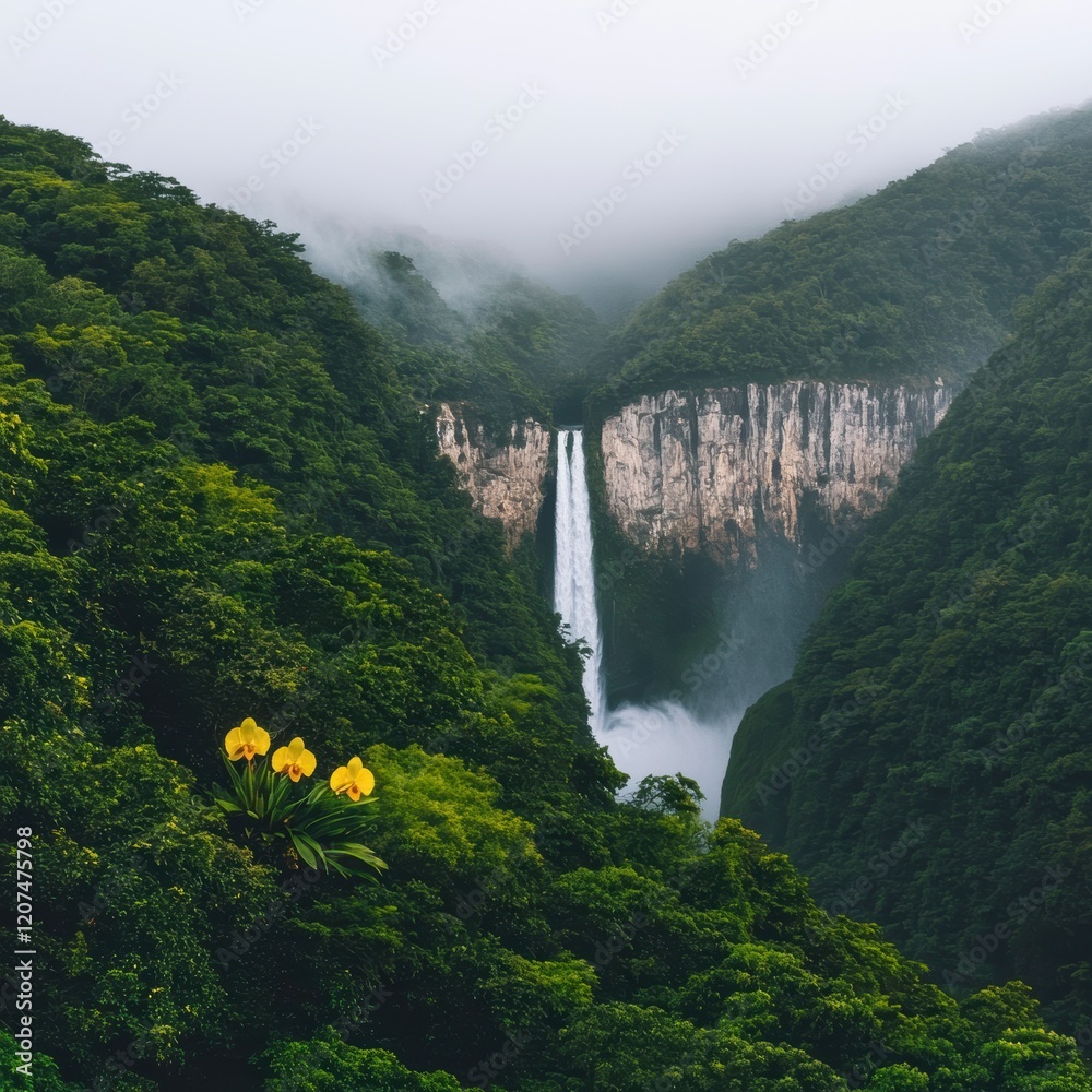 Fototapeta premium Majestic Waterfall in Lush Rainforest Misty Cliffs Yellow Orchid