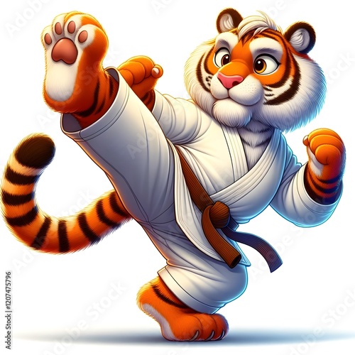 A powerful cartoon tiger in a white karate gi with a blue belt is mid-air, delivering a fierce karate kick. The determined expression and dynamic pose highlight its strength. photo