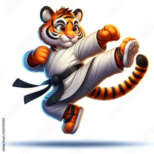 A powerful cartoon tiger in a white karate gi with a blue belt is mid-air, delivering a fierce karate kick. The determined expression and dynamic pose highlight its strength. photo