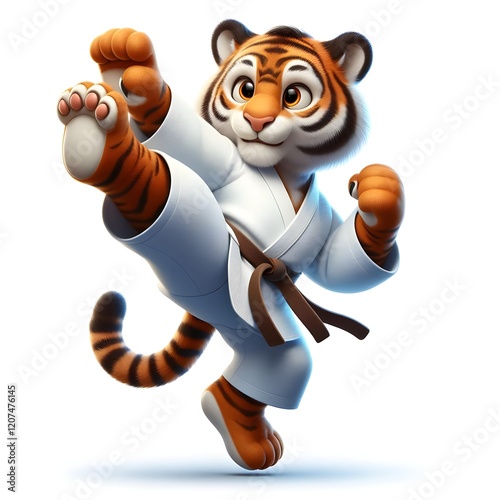 A powerful cartoon tiger in a white karate gi with a blue belt is mid-air, delivering a fierce karate kick. The determined expression and dynamic pose highlight its strength.