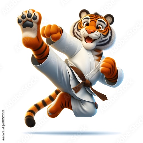 A powerful cartoon tiger in a white karate gi with a blue belt is mid-air, delivering a fierce karate kick. The determined expression and dynamic pose highlight its strength.