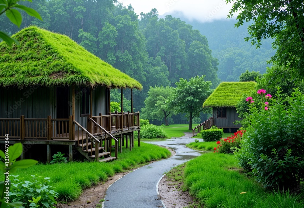Rural Chinese Landscape: Lush Roof Grass, Wooden Railings, Wet Forest Path, Rainy Weather, Tranquil Beauty, Greenery, Detailed Scene, Natural Environment.
Rural Chinese Landscape: Lush Roof Grass, Wooden Railings, Wet Forest Path, Rainy Weather, Tranquil Beauty, Greenery, Detailed Scene, Natural Environment.