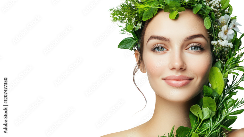 A young woman with a natural look, adorned with a crown of green leaves and flowers, radiating beauty and health against a white background. A young woman with a natural look, adorned with a crown of green leaves and flowers, radiating beauty and health against a white background.