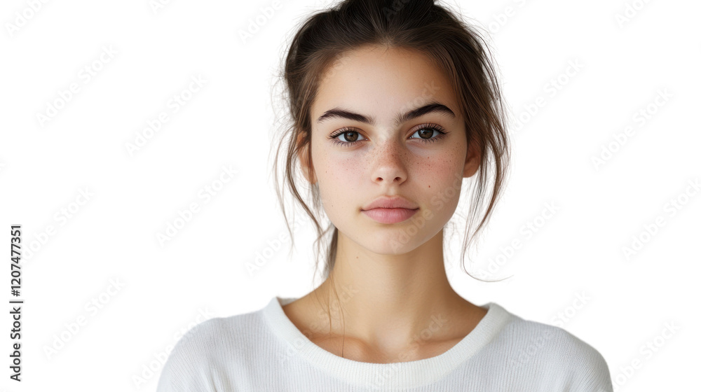 A young woman with a natural look, wearing a simple white shirt, captured against a white isolated background, portraying a calm expression. A young woman with a natural look, wearing a simple white shirt, captured against a white isolated background, portraying a calm expression.