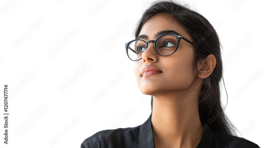 A young woman with glasses gazing upwards, showcasing a thoughtful expression, isolated on a white background. A young woman with glasses gazing upwards, showcasing a thoughtful expression, isolated on a white background.