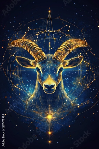 Golden Capricorn zodiac sign on a starry sky background
