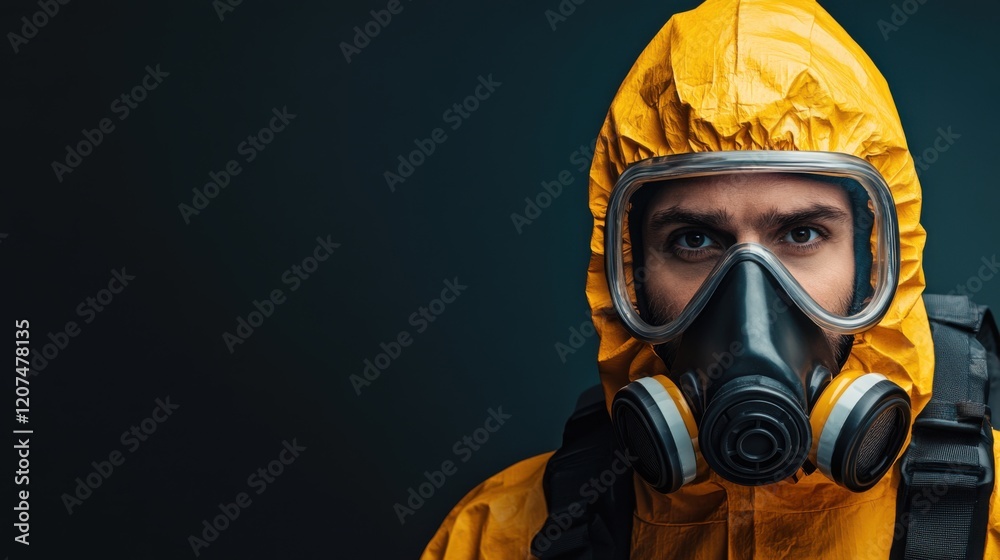 Portrait of a person wearing a protective hazmat suit and gas mask against a dark background for safety themes Portrait of a person wearing a protective hazmat suit and gas mask against a dark background for safety themes