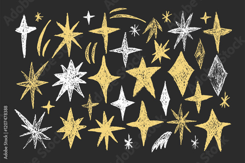 Vector sparkles stars doodle set. Crayon blings pack on chalkboard. Comets and futuristic blinking on night sky by chalk. Hand drawn by pencil illustration isolated on black background.