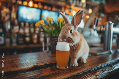 Bunny Enjoys a Cold Beverage at a Vibrant Pub