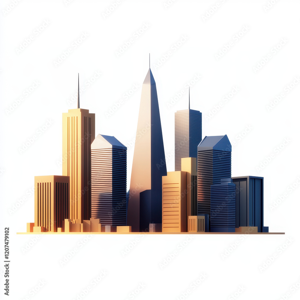 Fototapeta premium Modern city skyline featuring low poly skyscrapers and vibrant colors on white background