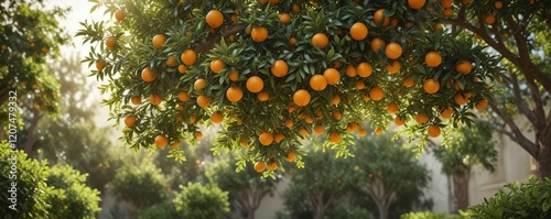 Colorful oranges hanging from branches of an orange tree in a lush garden , garden, tree, oranges
