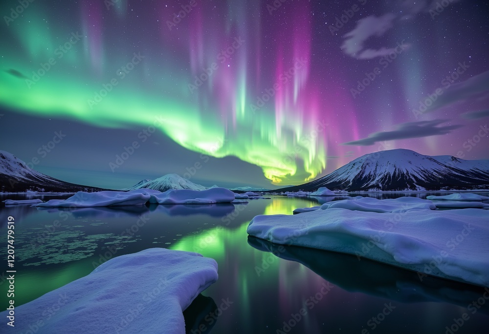 Naklejka premium Aurora Borealis over Icy Lake: Purple, Blue, Green Lights, Icebergs, Snowy Mountains, Night Sky, Stunning Display, Natural Wonder, Reflections, Cinematic Scene.