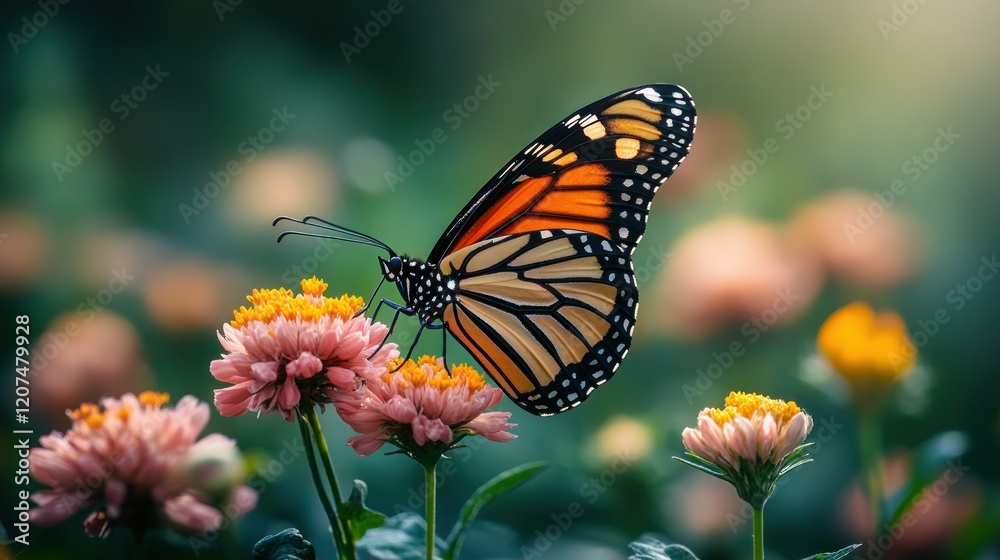 Monarch Butterfly on Pink Flowers in a Lush Garden Monarch Butterfly on Pink Flowers in a Lush Garden