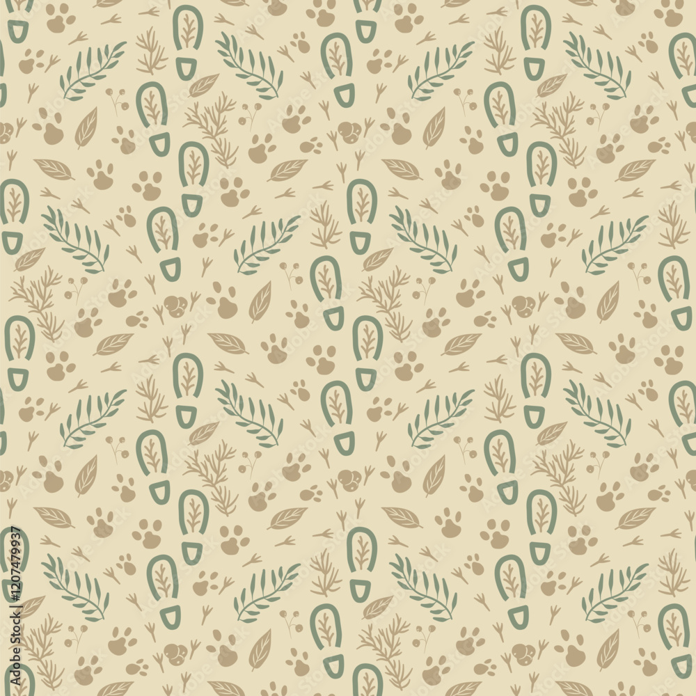 Woodland seamless pattern. Forest endless background. Beige repeat cover. continuous ornament. Vector hand drawn illustration. Woodland seamless pattern. Forest endless background. Beige repeat cover. continuous ornament. Vector hand drawn illustration.