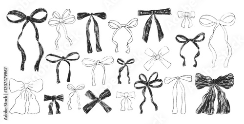 Crayon bow, ribbon set. Chalk drawing bands. Black coquette aesthetic bowknots. Vector illustration isolated on white background.