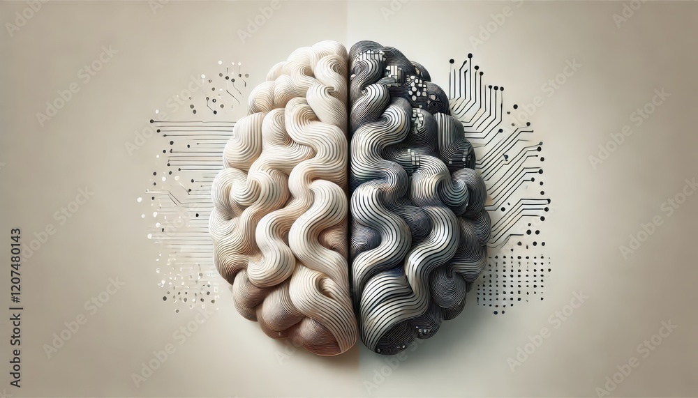 A conceptual image of a stylized brain with partly made of organic flowing lines and technical lines.