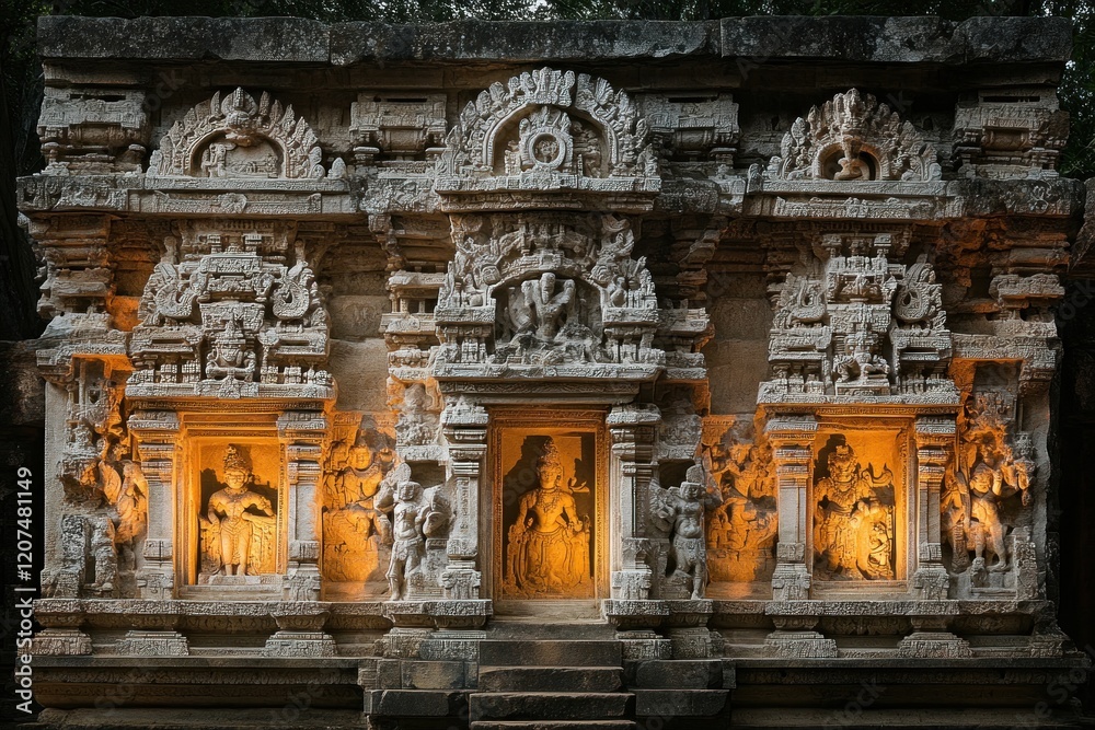 Obraz premium Intricate stone temple facade, ancient carvings.