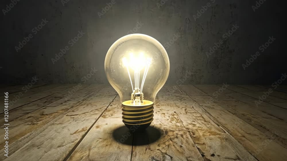 Light bulb glowing softly on a wooden surface in a dimly lit environment