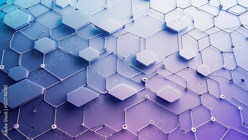 Abstract digital background with interconnected hexagonal shapes, gradient colors from blue to purple, circular nodes, and a modern network-like design on a light gray backdrop.