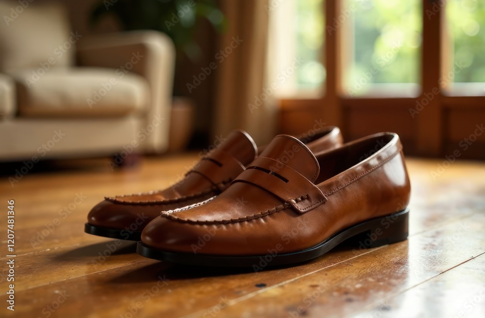 stylish footwear at cozy home interior. elegant brown leather loafers on floor in cozy living room, men's fashion, shoes design. stylish footwear at cozy home interior. elegant brown leather loafers on floor in cozy living room, men's fashion, shoes design.