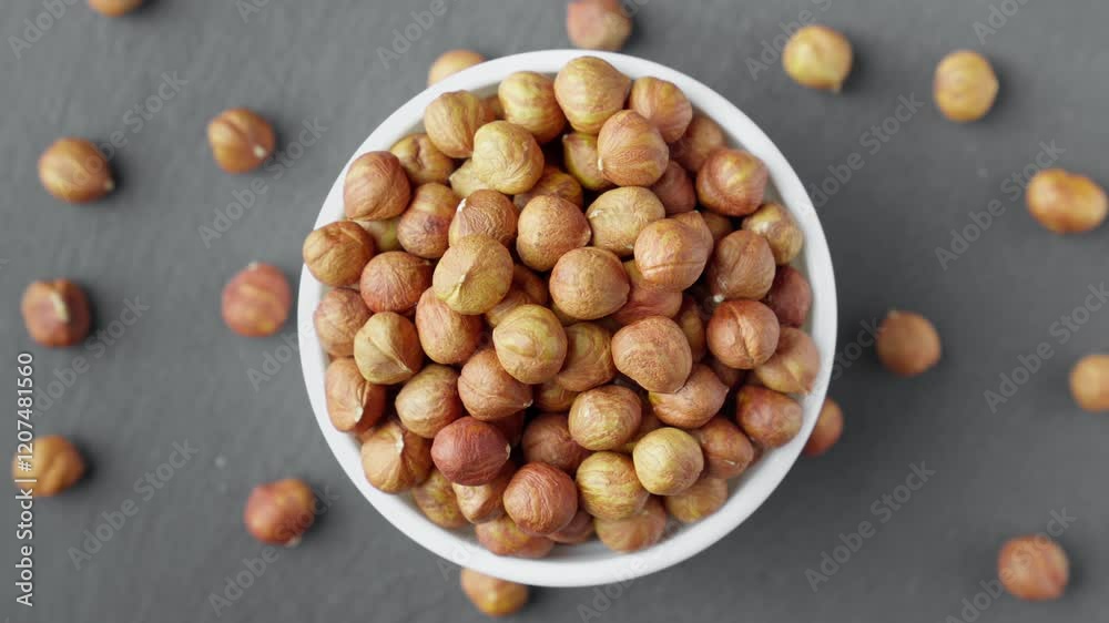Hazelnuts rotating in white bowl on black stone slate. Pile of healthy food for vegan. Top view. Bowl overflowing with perfectly roasted hazelnuts. Rich colors and textures. Close-up in 4K, UHD Hazelnuts rotating in white bowl on black stone slate. Pile of healthy food for vegan. Top view. Bowl overflowing with perfectly roasted hazelnuts. Rich colors and textures. Close-up in 4K, UHD