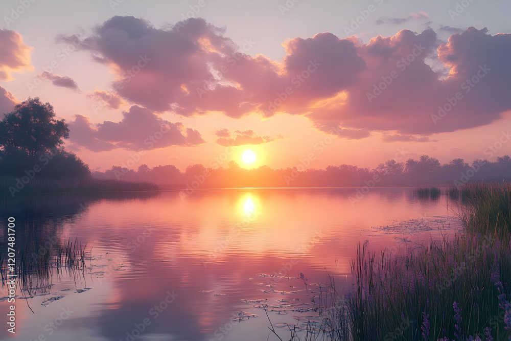 Serene Sunset over Calm Lake with Pink and Orange Hues Reflecting on the Water Serene Sunset over Calm Lake with Pink and Orange Hues Reflecting on the Water