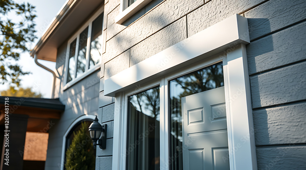 Fototapeta premium Modern House Exterior: Grey Brick Facade with White Door and Windows. Captivating Architectural Design. Real Estate Photography