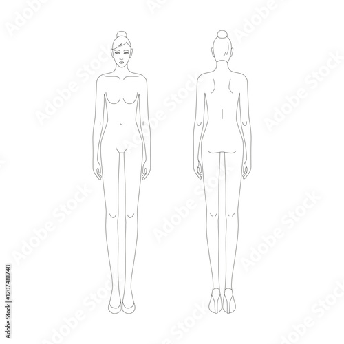 Two female line technical drawing croquis for flat fashion sketches and cads of a woman on heels. 9 head vector mannequin design. 