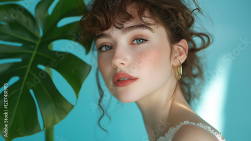 Plant, portrait or woman with skincare for beauty on blue background with herbs, shine or glow. Monstera leaf, confident model or face of girl in studio with cosmetics, hydration or makeup results