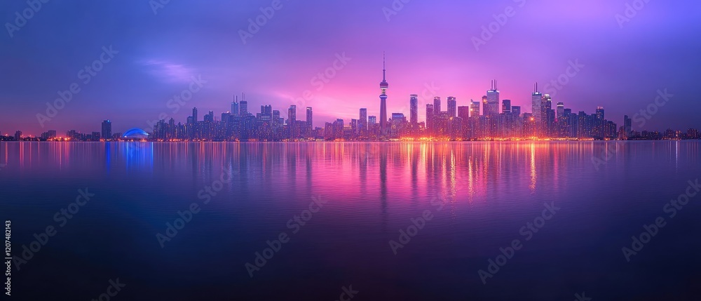 Fototapeta premium Cityscape skyline with colorful reflections at sunset.