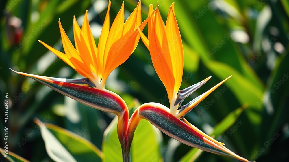 Obraz premium Exquisite Bird of Paradise Flowers - Detailed Textures, Natural Elegance, Bright Colors, High-Quality AI Photo