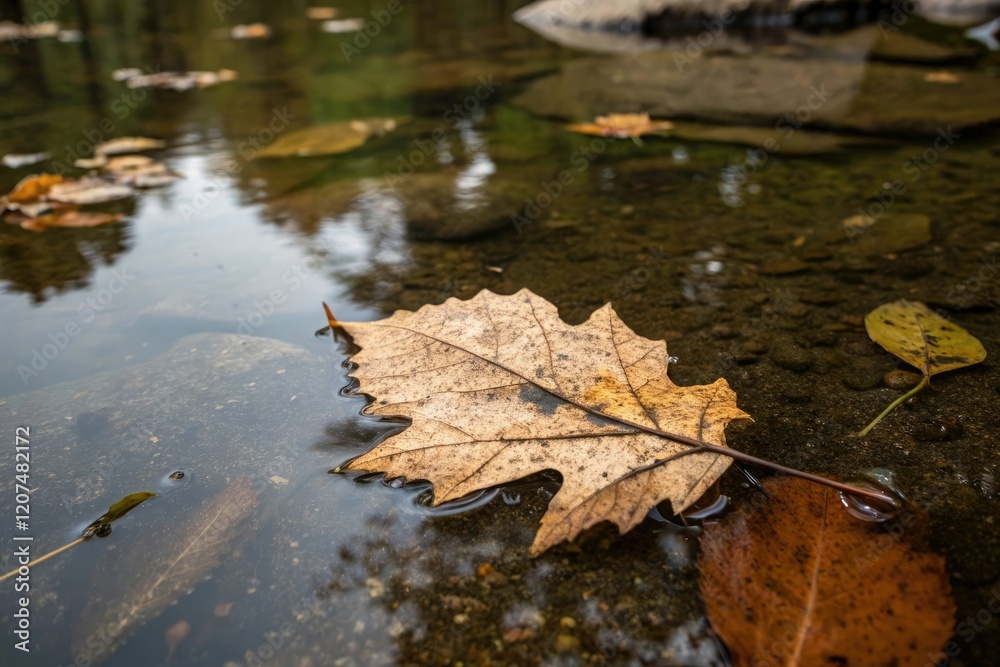 Close-up shot of a single fallen leaf floating on autumn creek waters, leaf fall, close-up shots, macro photography, reflective light Close-up shot of a single fallen leaf floating on autumn creek waters, leaf fall, close-up shots, macro photography, reflective light