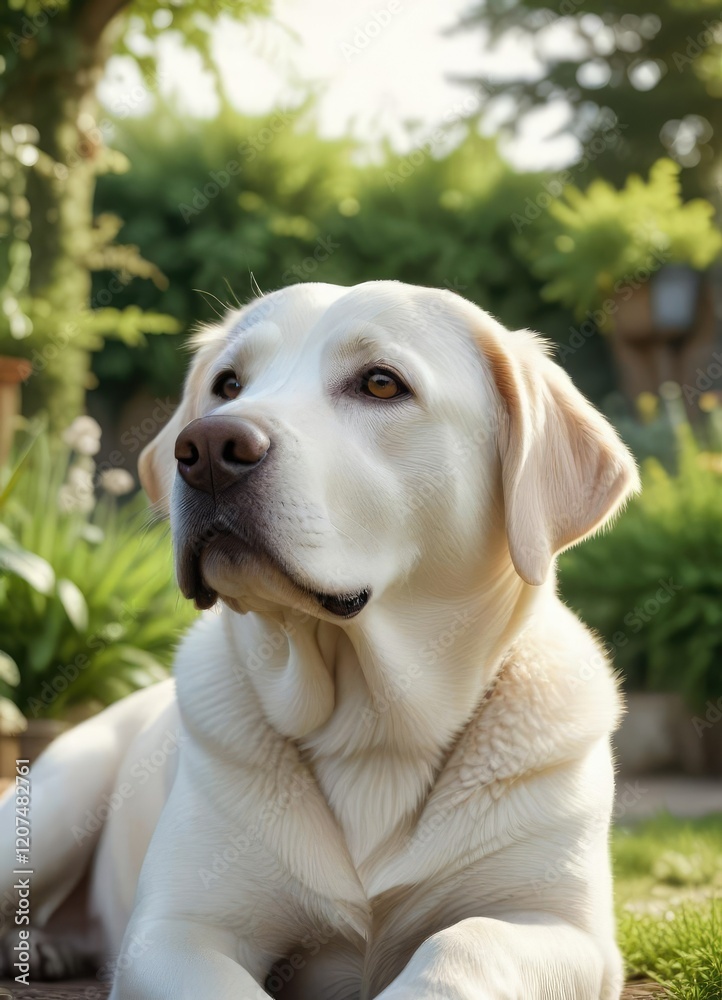 Close-up of white labrador resting in beautiful garden, labrador retriever, serene, adorable, lovely, outdoor Close-up of white labrador resting in beautiful garden, labrador retriever, serene, adorable, lovely, outdoor