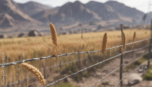 Close-up of wheat bunting blowing in the wind on a barbed wire fence with rocky terrain, alive, kinetic, motion, agitation, wild