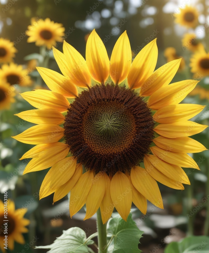 Obraz premium Close-up of sunflower with blurred background of falling leaves, golden, leaves