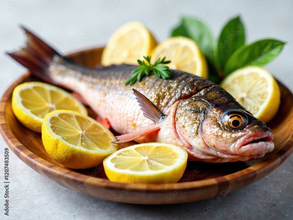 Fresh Pink Tilapia with Lemons on Wooden Plate - High-Quality Food Photography Fresh Pink Tilapia with Lemons on Wooden Plate - High-Quality Food Photography