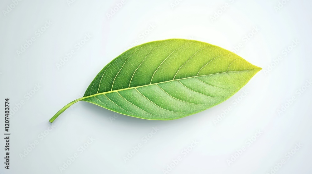 Obraz premium Single green leaf with visible veins isolated on a white background.