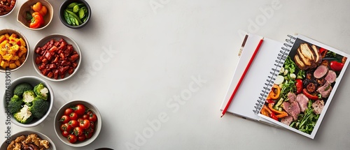Ingredients for a meal prep spread in small bowls next to a recipe book with a red pencil.