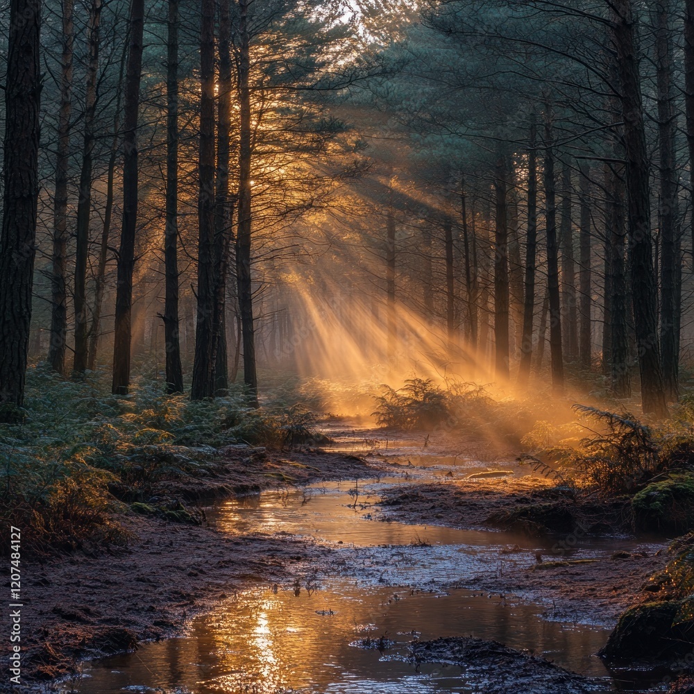 Sunbeams illuminate misty forest path, stream. Sunbeams illuminate misty forest path, stream.