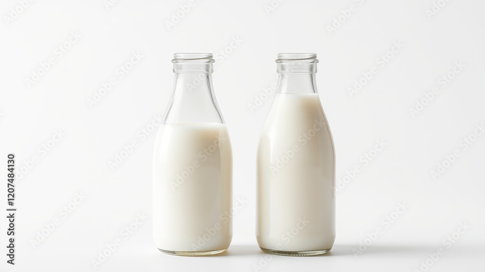 Glass Milk Bottles - White Background - Bright Colors - High Definition Glass Milk Bottles - White Background - Bright Colors - High Definition