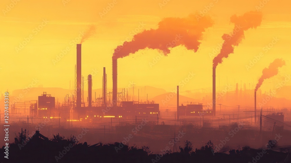 Industrial Factory Emitting Methane into Hazy Orange Sky Pipelines and Smokestacks Visible Industrial Factory Emitting Methane into Hazy Orange Sky Pipelines and Smokestacks Visible