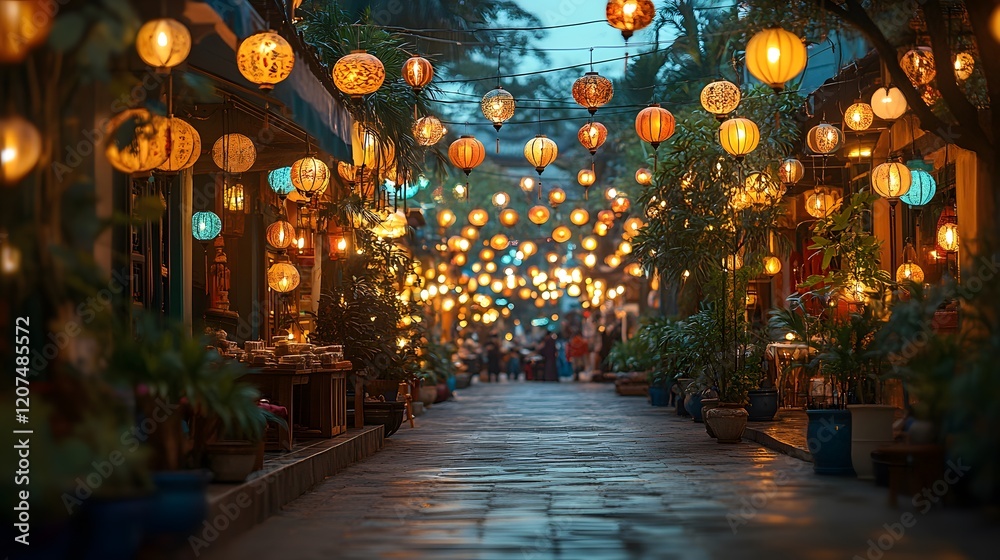 Fototapeta premium Colorful Ramadan market stalls with lanterns and festive decorations,