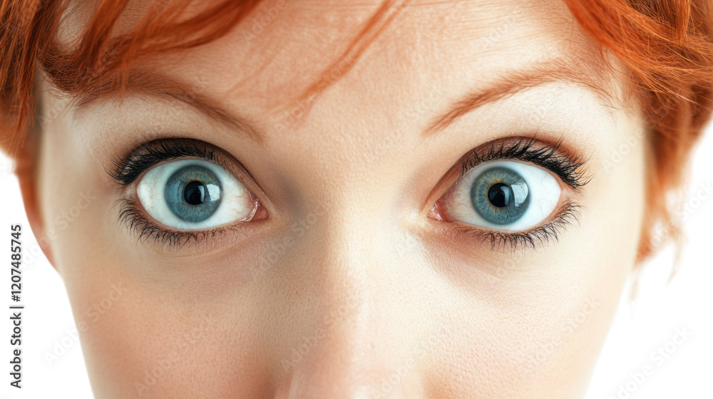 Obraz premium Close-up of a woman with striking blue eyes and vibrant red hair, expressing surprise or curiosity against a white isolated background.