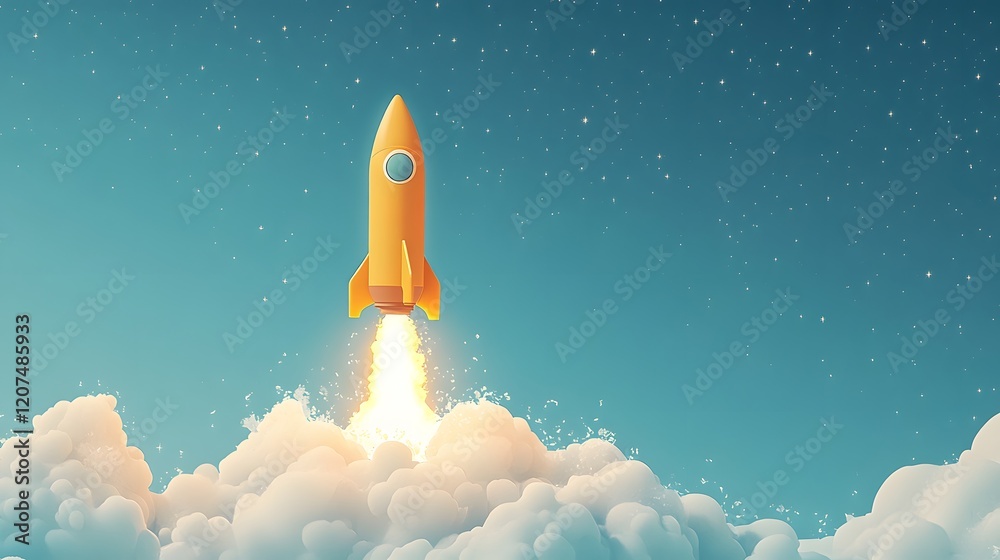 Obraz premium Retro-style yellow rocket soars through light blue sky leaving white flame trail. Vintage space illustration features fluffy clouds and twinkling stars in playful children's book style.