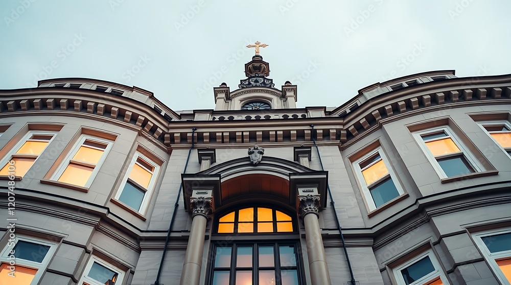 Obraz premium Low angle view of a grand building with illuminated windows and a cross atop.