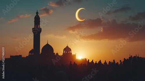 Ramadan Spirit. Mosque Silhouette Against Sunset with Crescent Moon Above
 photo